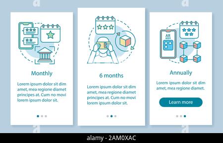 AR tool subscription onboarding mobile app page screen with linear concepts. Monthly or annually tariffs. Three walkthrough steps graphic instructions Stock Vector