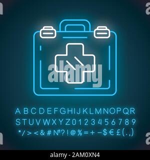 Emergency help neon light icon. Airplane first aid kit. Medicine bag with medications. Plane safeness. Glowing sign with alphabet, numbers and symbols Stock Vector