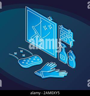 Cleaning services isometric color vector illustration. Housekeeping linear icons infographic. House cleaning equipment 3d concept. Sponge, detergents, Stock Vector
