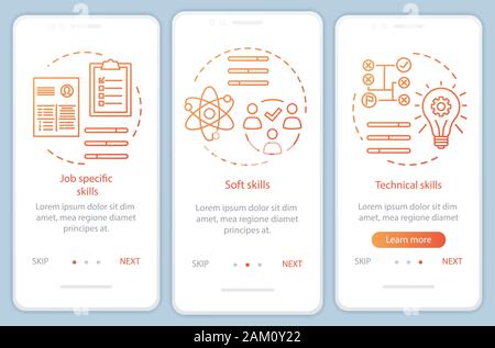 Skills orange gradient onboarding mobile app page screen vector template. Hard skills, professional qualities walkthrough website steps with linear il Stock Vector