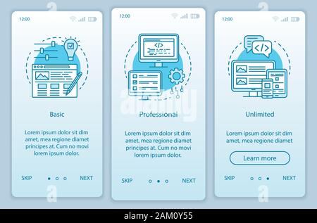 Website builder pricing onboarding mobile app page screen vector template. Basic, professional tariffs. Walkthrough website steps with linear illustra Stock Vector