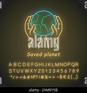 Saved planet neon light icon. Environmental sustainability. World protection. Global Earth day. Hands holding planet. Glowing sign with alphabet, numb Stock Vector