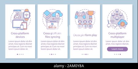 Multiplayer game onboarding mobile app page screen with linear concepts. Cross platform online synchronization walkthrough steps graphic instructions. Stock Vector
