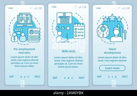 Career growth turquoise gradient onboarding mobile app page screen vector template. Employment test. Job interview walkthrough website steps with line Stock Vector