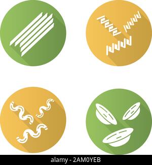 Pasta noodles flat design long shadow glyph icons set. Spaghetti, fusilli, cavatappi, orecchiette. Italian food. Mediterranean macaroni. Culinary semi Stock Vector