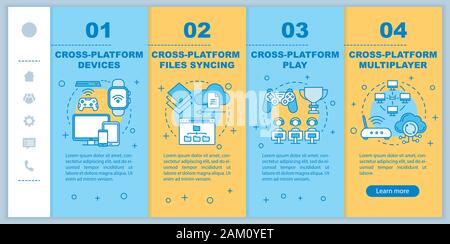 Cross platform multiplayer onboarding mobile web pages vector template. Responsive smartphone website interface idea with linear illustrations. Webpag Stock Vector
