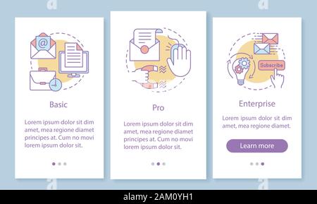 Email marketing subscription onboarding mobile app page screen with linear concepts. Basic or pro tariffs. Three walkthrough steps graphic instruction Stock Vector