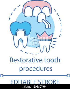 Restorative tooth procedures concept icon. Dentist work. Modern dentistry. Color matching and crown installation idea thin line illustration. Vector i Stock Vector