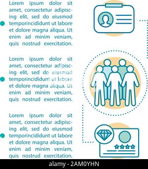Membership article page vector template. Website registration. Personal account. Brochure, magazine, booklet design element, linear icons, text boxes. Stock Vector