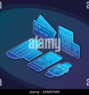 NFC technology isometric color vector illustration. Cashless payments linear icons infographic. Contactless transactions 3d concept. Near field commun Stock Vector