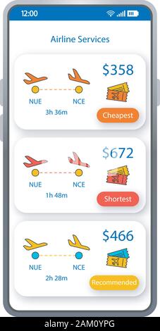 Airline services app smartphone interface vector template. Mobile flight tickets booking app page white design layout. Cheapest, shortest tickets scre Stock Vector