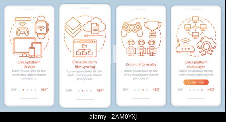 Cross platform multiplayer onboarding mobile app page screen vector template. Online, cloud gaming. Walkthrough website steps with linear illustration Stock Vector