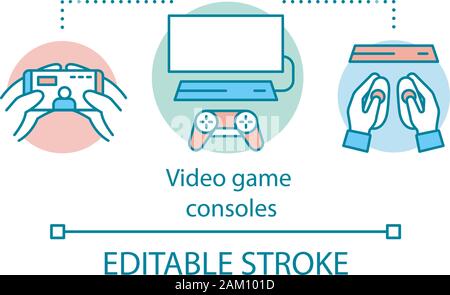 Video game consoles concept icon. Cross platform multiplayer, online gaming idea thin line illustration. Entertainment technology, cloud computing. Ve Stock Vector