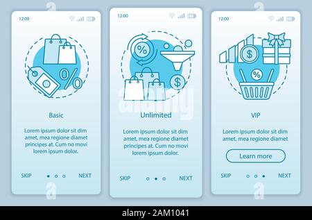 Discounts & bonuses subscription onboarding mobile app page screen vector template. Basic, VIP tariffs. Walkthrough website steps with linear illustra Stock Vector