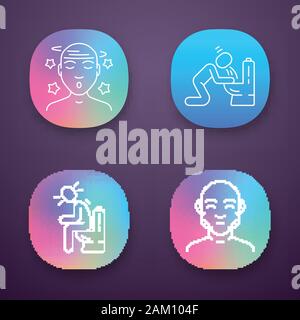 Food poisoning, allergy symptoms app icons set. Vomiting, diarrhea, constipation. UI/UX user interface. Swelling, dizziness allergic reaction. Web or Stock Vector