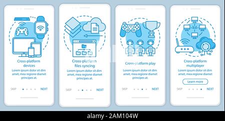 Cross platform synchronization onboarding mobile app page screen vector template. Online device syncing. Walkthrough website steps with linear illustr Stock Vector