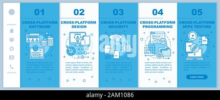 Cross platform development onboarding mobile web pages vector template. Responsive smartphone website interface idea with linear illustrations. Webpag Stock Vector