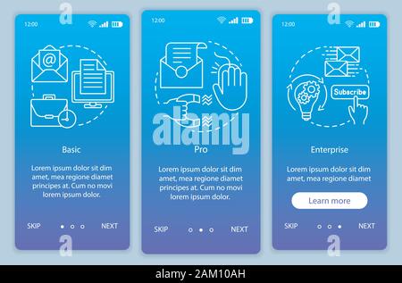 Email marketing subscription onboarding mobile app page screen vector template. Walkthrough website steps with linear illustrations. Basic or pro tari Stock Vector