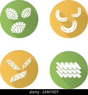 Pasta noodles flat design long shadow glyph icons set. Different Mediterranean macaroni. Shells, elbows, penne, lasagne sheets. Traditional Italian cu Stock Vector