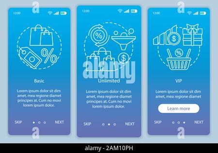 Discounts & bonuses subscription onboarding mobile app page screen vector template. Walkthrough website steps with linear illustrations. Basic, VIP ta Stock Vector