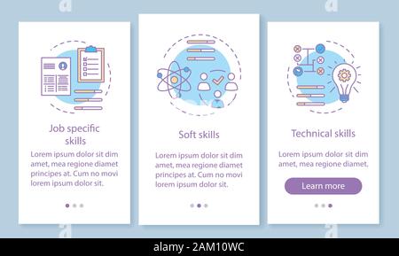 Skills onboarding mobile app page screen with linear concepts. Job specific, soft, technical skills, employee abilities walkthrough steps instructions Stock Vector