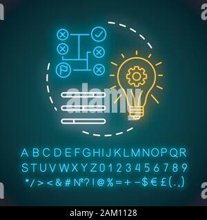 Technical skills neon light concept icon. Power of knowledge, learning process, self education. Glowing sign with alphabet, numbers and symbols. Logic Stock Vector