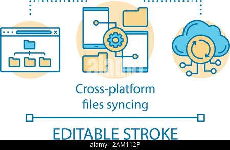 Cross platform files synchronization concept icon. Cloud technology, remote storage access idea thin line illustration. Online data transfer. Vector i Stock Vector
