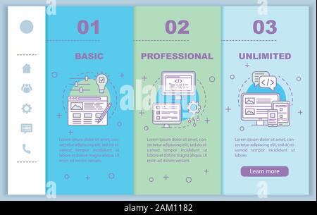 Website builder pricing onboarding mobile web pages vector template. Basic tariff. Responsive smartphone website interface idea, linear illustrations. Stock Vector