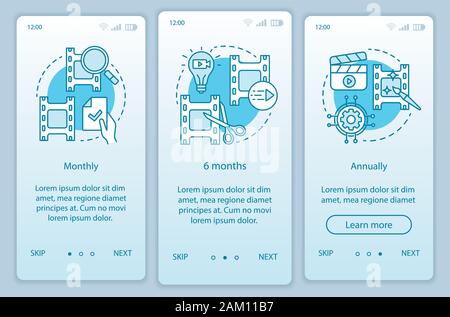 Video editor subscription onboarding mobile app page screen vector template. Monthly or annually tariffs. Walkthrough website steps with linear illust Stock Vector