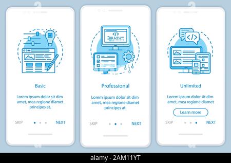 Website builder pricing onboarding mobile app page screen with linear concepts. Three walkthrough steps graphic instructions. Basic, professional tari Stock Vector