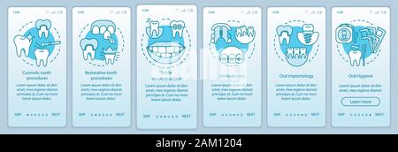 Dental clinic services onboarding mobile app page screen with linear concepts. Dentistry. Teeth restoration walkthrough steps graphic instructions. UX Stock Vector
