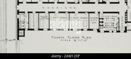 The American hospital of the twentieth century; a treatise on the development of medical institutions, both in Europe and in America, since the beginning of the present century . et, and elevator opening fromthe cross corridor, minimizing the noisesfrom these disturbing elements. Twolarge airing balconies are provided oneach floor. In the private pavilion of the same hos-pital (Fig. 38) a similar arrangement issecured so far as the utilities are con-cerned. The units are smaller, a three-bed ward being the largest, most of thespace is utilized for single rooms. Inthis plan, the open-air ward i Stock Photo