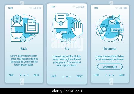 Email marketing subscription onboarding mobile app page screen vector template. Basic or pro tariffs. Walkthrough website steps with linear illustrati Stock Vector