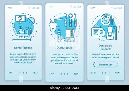 Dental stuff onboarding mobile app page screen with linear concepts. Dental facilities, tools, care products walkthrough steps graphic instructions. U Stock Vector