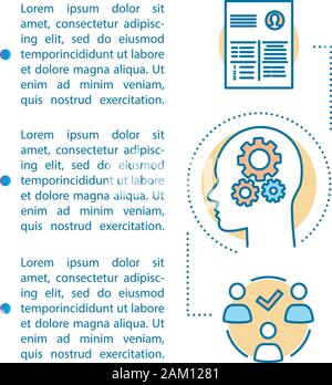 Skills assessment article page vector template. Brochure, magazine, booklet design element with linear icons. Employee soft, technical skills print de Stock Vector