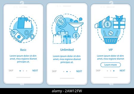 Discounts & bonuses subscription onboarding mobile app page screen with linear concepts. Three walkthrough steps graphic instructions. Basic, VIP tari Stock Vector