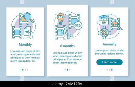 Video editor subscription onboarding mobile app page screen with linear concepts. Monthly, annually tariff. Three walkthrough steps graphic instructio Stock Vector