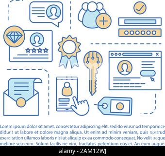 Membership article page vector template. Brochure, magazine, booklet design element, linear icons, text boxes. Personal account. Website registration. Stock Vector