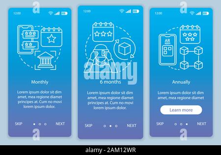 AR tool subscription onboarding mobile app page screen vector template. Walkthrough website steps with linear illustrations. Monthly or annually tarif Stock Vector
