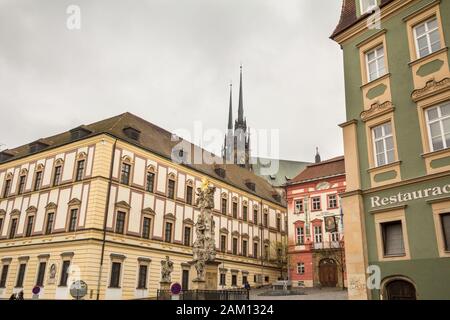 BRNO, CZECHIA - NOVEMBER 5, 2019:  Brno Cathedral of saints peter and paul, or Petrov, seen from Zelny Trh square. Also called katedrala svateho petra Stock Photo