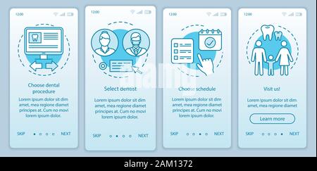 Dental clinic appointment onboarding mobile app page screen with linear concepts. Planning visit to dentist walkthrough steps graphic instructions. UX Stock Vector