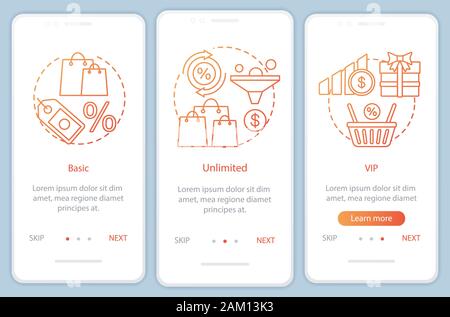 Discounts & bonuses subscription onboarding mobile app page screen with linear concepts. Unlimited tariff. Three walkthrough steps graphic instruction Stock Vector