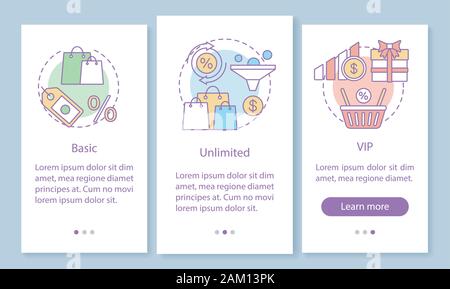 Discounts & bonuses subscription onboarding mobile app page screen with linear concepts. Basic, VIP tariff. Three walkthrough steps graphic instructio Stock Vector