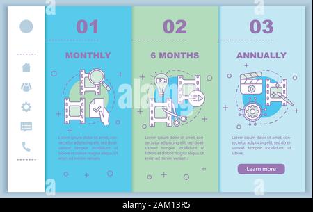 Video editor subscription onboarding mobile web pages vector template. Monthly tariff. Responsive smartphone website interface idea, illustrations. We Stock Vector