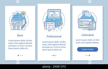 Website builder pricing onboarding mobile app page screen with linear concepts. Basic, professional tariff. Three walkthrough steps graphic instructio Stock Vector