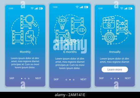 Video editor subscription onboarding mobile app page screen vector template. Walkthrough website steps with linear illustrations. Monthly or annually Stock Vector