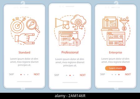 CRM subscription onboarding mobile app page screen with linear concepts. Standard or enterprise tariffs. Three walkthrough steps graphic instructions. Stock Vector