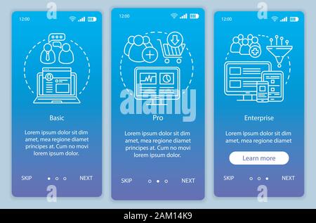Digital marketing tools subscription onboarding mobile app page screen vector template. Walkthrough website steps with linear illustrations. Basic tar Stock Vector