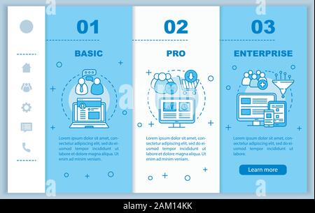 Digital marketing tools subscription onboarding mobile web pages vector template. Responsive smartphone website interface idea, linear illustrations. Stock Vector