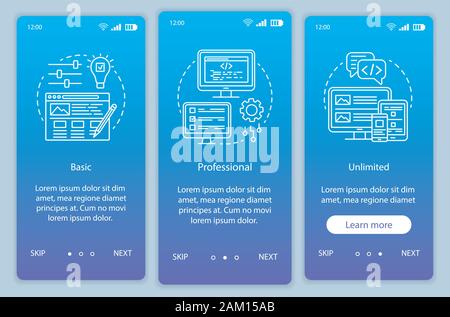 Website builder pricing onboarding mobile app page screen vector template. Walkthrough website steps with linear illustrations. Basic, professional ta Stock Vector